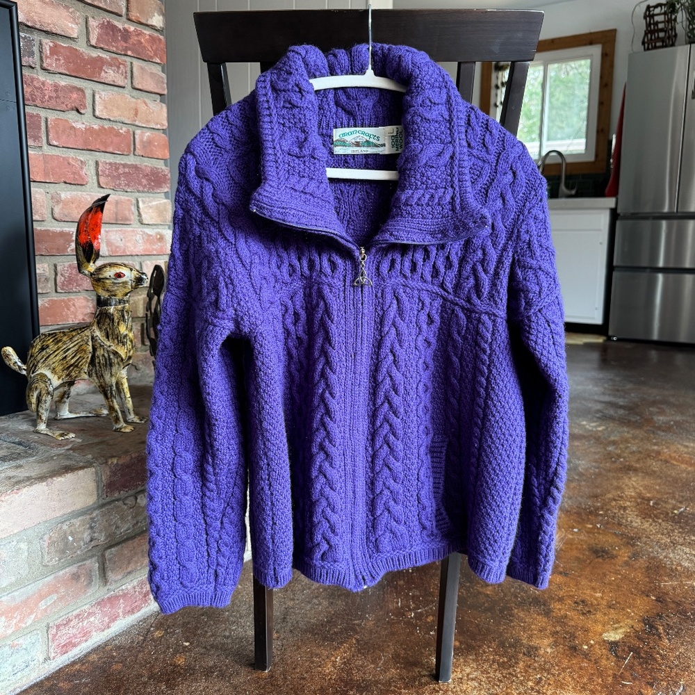 Aran Crafts $140 Merino Cardigan Sweater Double Collar Zip